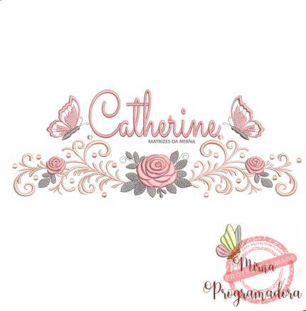 matriz de bordado arabesco rosas borboletas nome catherine-052