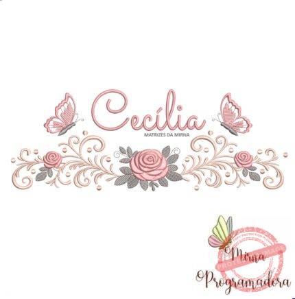 matriz de bordado arabesco rosas borboletas nome cecilia-040