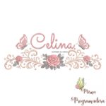 matriz de bordado arabesco rosas borboletas nome celina 022