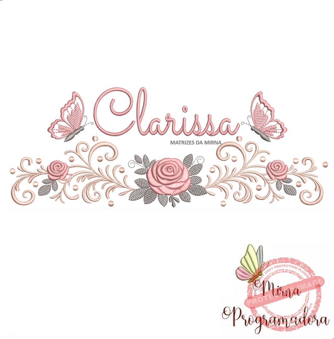 matriz de bordado arabesco rosas borboletas clarissa-042 matriz de bordado arabesco rosas borboletas nome clarissa-042 - Imagem 1