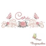 matriz de bordado arabesco rosas borboletas nome cora-016
