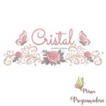 matriz de bordado arabesco rosas borboletas nome cristal-046