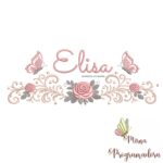 matriz de bordado arabesco rosas borboletas nome elisa-013