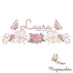 matriz de bordado arabesco rosas borboletas nome-laura-mirna 077