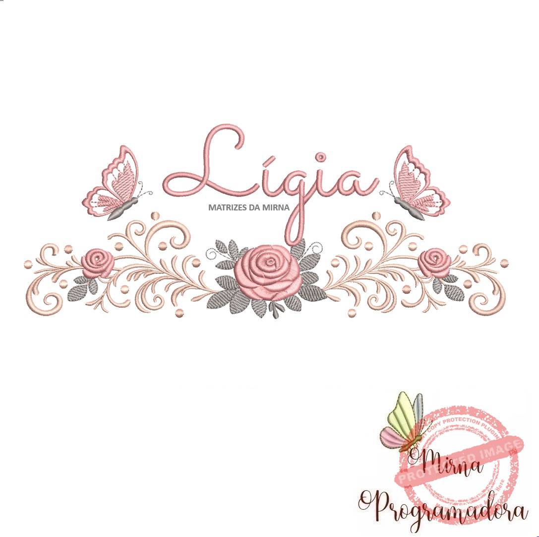 matriz de bordado arabesco rosas borboletas-ligia-mirna 076 matriz de bordado arabesco rosas borboletas nome-ligia-mirna 076 - Imagem 1