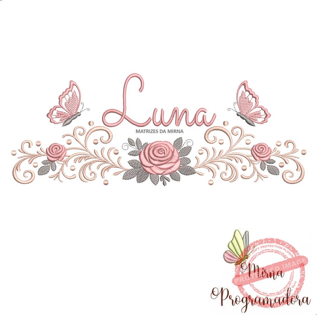 matriz de bordado arabesco rosas borboletas-luna-mirna 075 matriz de bordado arabesco rosas borboletas nome-luna-mirna 075 - Imagem 1