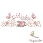 matriz de bordado arabesco rosas borboletas nome marcia-028