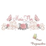 matriz de bordado arabesco rosas borboletas nome maria flor 025
