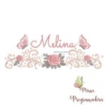matriz de bordado arabesco rosas borboletas nome melina 018