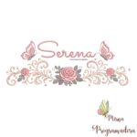 matriz de bordado arabesco rosas borboletas nome serena 020